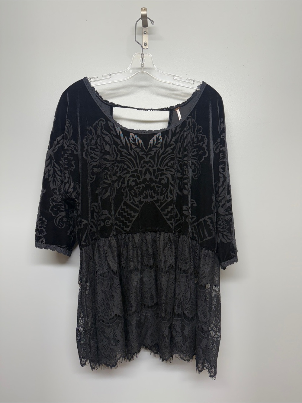 Free People Black Lace-Trim Long Sleeve Top